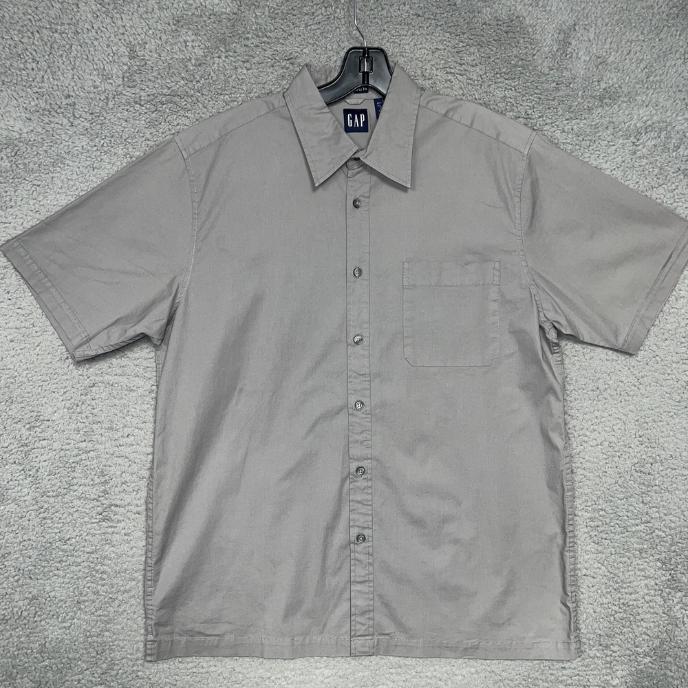 VTG Gap Shirt Men Sz L Gray Stretch Short Sleeve Button Up Made Hong Kong 2000s